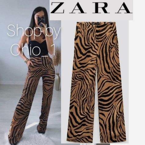 Brown Zebra Print Outfit, Tiger Print Pants, Zebra Print Clothes, Zebra Print Pants, Favorite Color Black, Red Wide Leg Trousers, 53rd Birthday, Printed Pants Outfits, Outfit Basic