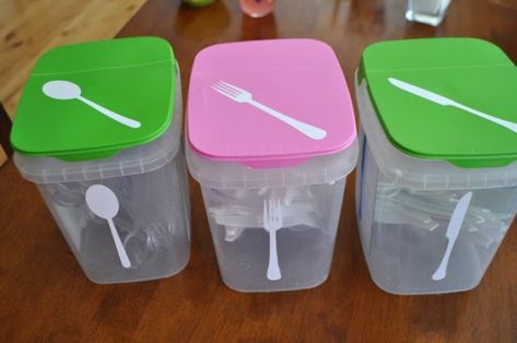 Plastic Utensil Storage, Cascade Dishwasher Pods, Dishwasher Tabs, Reuse Containers, Detergent Container, Dishwasher Pods, Rv Organization, Messy Kids, Plastic Utensils