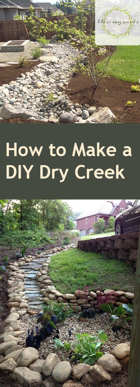 Dry Creek Bed Sloped Yard, Dry Riverbed Landscaping Slope, Dry Riverbed Landscaping Front Yard, Cabin Driveway, Downspout Ideas, Forest Landscaping, Dry Riverbed Landscaping, Creek Landscaping, Dry Stream