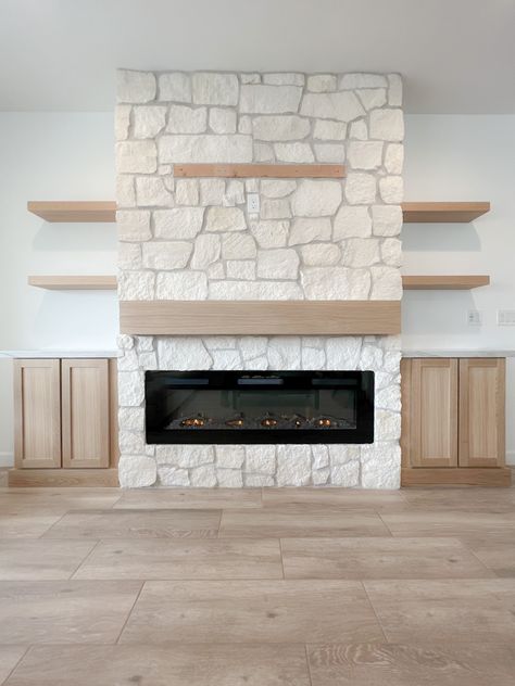 Modern Mediterranean Fireplace, Stone Fireplace With Built Ins, Fireplace Linear, Mediterranean Fireplace, Organic Transitional, Stone Interior Design, Modern Stone Fireplace, White Stone Fireplaces, Limestone Fireplace Surround