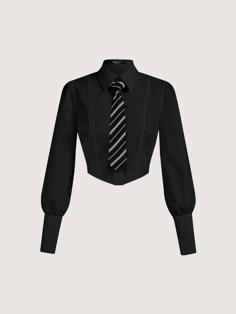 SHEIN MOD Solid Button Through Crop Shirt With Tie | SHEIN Tomboy Stil, Tomboy Style Outfits, Fashion Design Drawings, Fashion Design Sketches, Tomboy Fashion, Mode Inspo, Stage Outfits, Dream Clothes, Crop Shirt