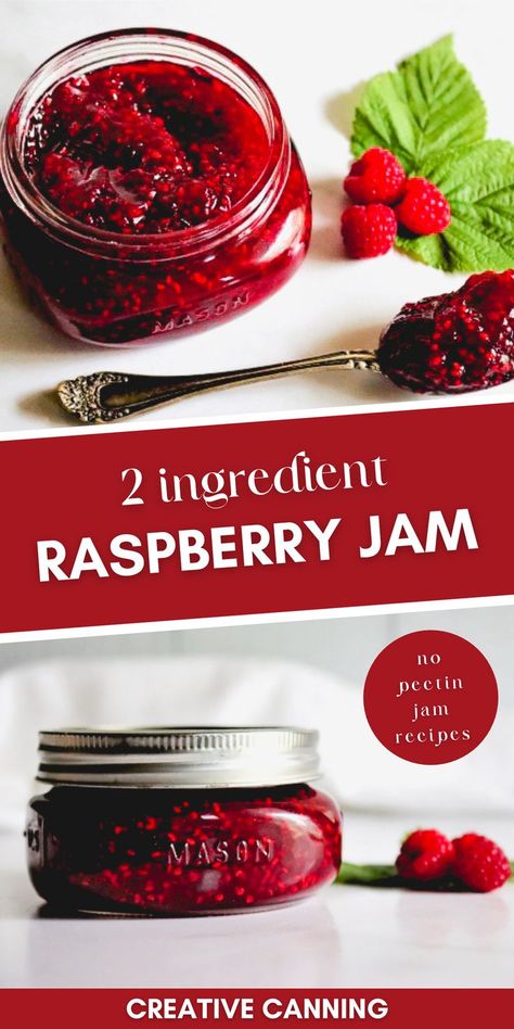 homemade raspberry jam no pectin in a jar ready for canning Grape Jam Recipe No Pectin, Preserve Raspberries, Raspberry Jam No Pectin, Easy Raspberry Jam, Strawberry Jam Recipe Without Pectin, Canning Fruit Recipes, Homemade Grape Jelly, Jam Without Pectin, Easy Jam Recipe