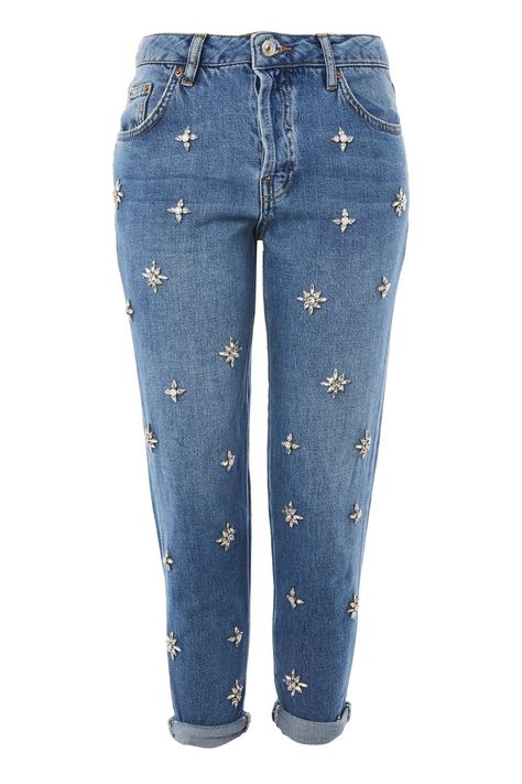 MOTO Embellished Boyfriend Jeans Jeans With Gemstones, Blue Boyfriend Jeans, Low Rise Boyfriend Jeans, Polyvore Clothes, Rolled Jeans, Bleached Jeans, Rolled Up Jeans, Boyfriend Fit Jeans, Oversized Jeans