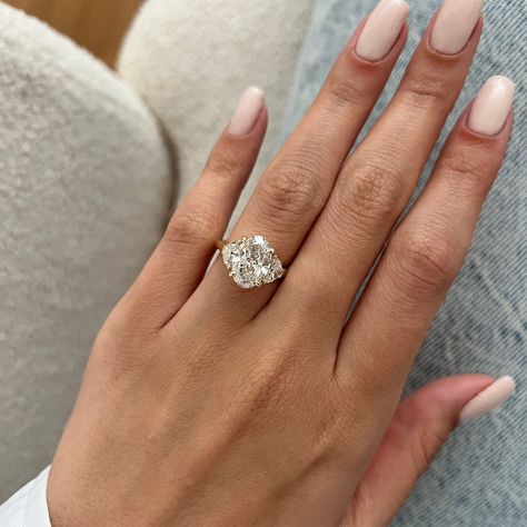 Engagement Ring With Three Diamonds, Half Moon Diamond Ring, Oval With Half Moon Side Stones, Oval Diamond With Side Stones, Oval With Side Stones, Oval Ring With Side Stones, Three Stone Engagement Rings With Band, Oval Engagement Ring With Side Stones, Three Stone Engagement Rings Cushion