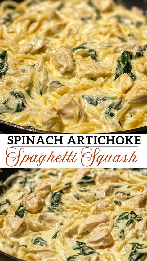 Spinach Artichoke Spaghetti Squash Low Carb Creamy Pesto Spaghetti Squash, Keto Spaghetti Squash Recipes Low Carb, Green Chili Chicken Stuffed Spaghetti Squash, Spaghetti Squash Spinach Recipes, Spaghetti Squash With Spinach, Spinach Artichoke Spaghetti Squash, Artichoke Spaghetti Squash, Artichoke Spaghetti, Spaghetti Squash Recipes Chicken