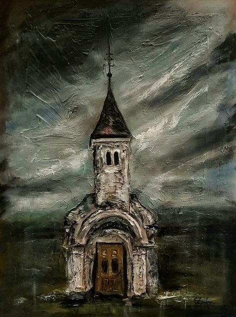 Easy Gothic Painting Ideas, Gothic Acrylic Painting, Grave Painting, Gothic Painting Ideas, Graveyard Painting, Gothic Painting, Creepy Paintings, Church Painting, Goth Houses