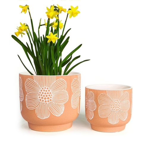 PRICES MAY VARY. Two Sizes - Large plant pot: 8 inches D x 7.28 inches H. Small plant pot: 6.1 inches D x 5.51 inches H. Premium Material - Made of premium ceramic material, having high strength and strong water absorption and permeability. Drainage Hole & Plug & Mesh Pad - Each planter has a drainage hole, putting the mesh pad at the bottom will isolate the water. The silicone plug could retain the water. (*Plants are NOT included.) Handmade Art Craft Process - Handmade by professional artisans Pots For Indoor Plants, White Flower Pattern, Large Plant Pots, Harsh Winter, House Plant Pots, Unique Planter, Small Potted Plants, Indoor Plant Pots, Water Absorption