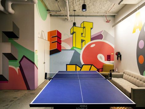 Game Room Mural by Greg Lamarche at Facebook, New York, Astor Place, New York Game Room Mural, Amazing Murals, Indoor Mural, Corporate Art, Custom Wall Decor, Minimal Wall Art, Mark Zuckerberg, Furniture Art, Living Room Paint