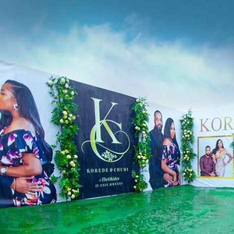 Yoruba Wedding Decor, Banners For Wedding, Wedding Photo Area Ideas, Backdrop For Wedding Photos, Yoruba Traditional Wedding Decor, Wedding Picture Area, Backdrop With Pictures, Yoruba Traditional Wedding Decoration, Wedding Banners Ideas