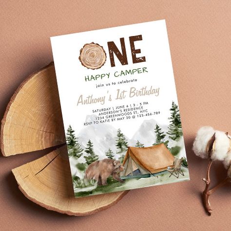 One Happy Camper Mountain Forest Bear 1St Birthday Invitation #zazzle #weddinginvitations #birthdayinvitations #babyshowerinvitations #zazzleinvitations #monogram #businesscards #graduation #homedecor Happy Camper 1st Birthday, Rustic Camping, One Happy Camper, Modern Birthday, Bear Mountain, 1st Birthday Invitation, Camping Birthday, Mountain Forest, Bear Birthday