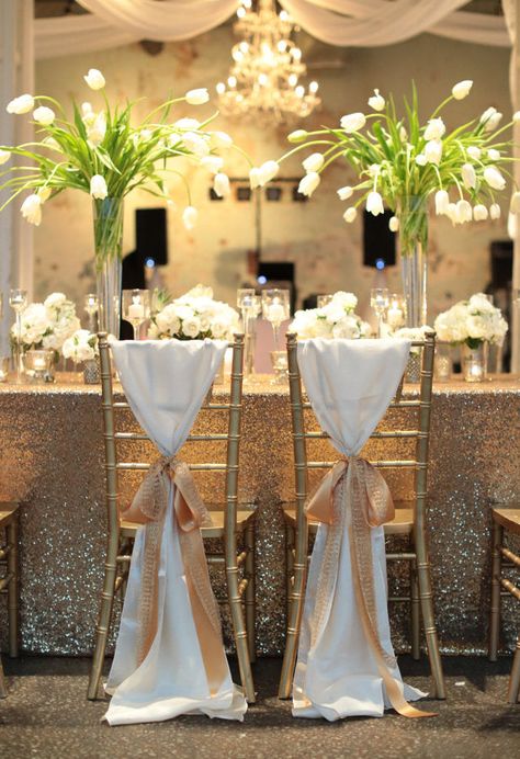 How to Decorate Your Wedding Chairs - PaperLanternStore.com - Paper Lanterns, Decor, Party Lights & More Bridal Chair, Cheap Wedding Centerpieces, Winter Wedding Planning, Groom Sign, Wedding Chair Signs, Tulip Wedding, Tall Wedding Centerpieces, Wedding Chair Decorations, Winter Wedding Colors