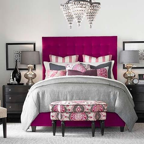 Beds/headboards - A fully upholstered biscuit tufted bed that is available as a in 3 heights: Small, Medium, and Large. Also available as a headboard only. Fuschia Bedroom, Pink Headboard, Pink Bedroom Decor, Bassett Furniture, Trendy Bedroom, Sleep Well, Headboards, Upholstered Beds, Luxurious Bedrooms