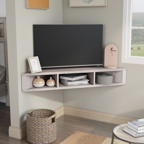 Corner Mounted Tv Living Room, Floating Corner Tv Stand, Corner Unit Tv Stand, Corner Tv Ideas, Corner Tv Mount, Oak Corner Tv Stand, Cabinet Colours, Tv Corner, Corner Tv Stands