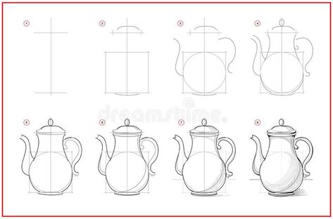 Page shows how to learn to draw sketch of coffee pot. Creation step by step pencil drawing. Educational page for artists. Textbook. For developing artistic vector illustration Basic Sketching, Pencil Drawings For Beginners, Perspective Drawing Lessons, Drawing Tutorials For Beginners, Object Drawing, Perspective Art, Basic Drawing, Draw Sketch, Sketches Tutorial