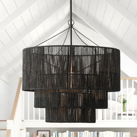 Latitude Run® Bribie 1-Light Woven Black Finish Dimmable Pendant Light | Wayfair Wicker Chandelier, Black Wicker, Rattan Chandelier, Salon Suites, Drum Chandelier, Black Chandelier, Led Wall Lights, Fireplace Surrounds, Looks Chic