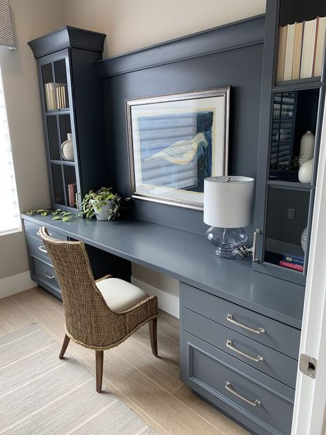 Small Office Space Built Ins, Cabinet Built Ins Office, Built In Home Office Desk And Cabinets, Built In Desk Between Windows, Snug Office Room Ideas, Built In Desk Wall Unit, Small Recording Room, Home Office Design Built Ins, Home Office Wall Desk