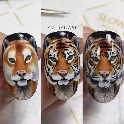 Tiger Nail Art, Animal Nail Designs, Tiger Nails, Cat Nail Art, Nail Art Designs Images, Quick Nail Art, Crazy Nail Art, Animal Nail Art, Animal Print Nails Art