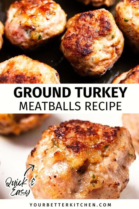 Need delicious and healthy ground turkey recipes? You can't miss these amazingly easy turkey meatballs. Trust me, our recipe is unlike any other. They create the absolute best juicy turkey meatballs you've ever tasted. Great for dinner or appetizers. Enjoy with rice, pasta, and sauce, or as a standalone appetizer. Plus, they're high in protein! Find this healthy meal idea today at yourbetterkitchen.com and explore more healthy dinner recipes. Turkey Meatballs Meal Ideas, Low Cal Turkey Meatballs, Stove Top Turkey Meatballs, Frozen Ground Turkey Recipes, Meatballs Ground Turkey, Ground Turkey Patties, Turkey Meatball Recipes, Ground Turkey Meatball Recipes, Best Turkey Meatballs