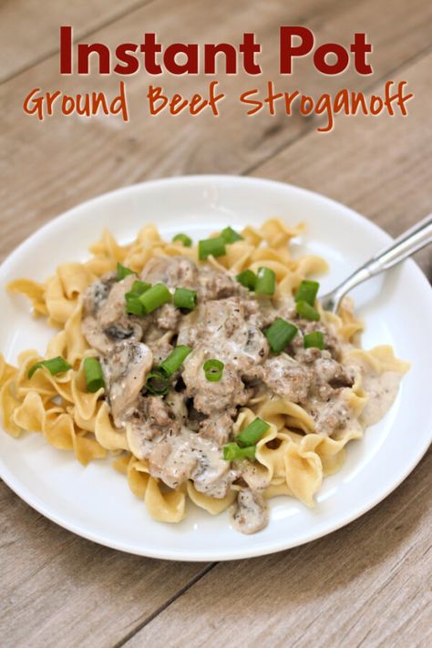 Instant Pot Ground Beef Stroganoff—a creamy mushroom sauce with ground beef served over egg noodles. An easy recipe to make that uses common ingredients and it’s delicious to eat. #instantpot #instapot #beef #groundbeef #easyrecipe Gfdf Recipes, Crock Pot Stroganoff, Frugal Dinners, Stroganoff Recipes, Venison Stroganoff, Instant Pot Ground Beef, Instant Pots, Slow Cooker Ground Beef, Beef Stroganoff Crockpot