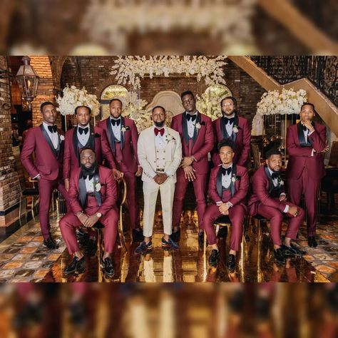 Red And Gold Suits For Men, Burgundy Suit For Groom, Groomsmen And Bridesmaids Colors Summer, Dark Red Groomsmen Attire, Crimson And Cream Wedding, Christmas Wedding Party Attire, Burgundy Groomsmen Attire, Red And Brown Wedding, Bridesmaids Colors Summer