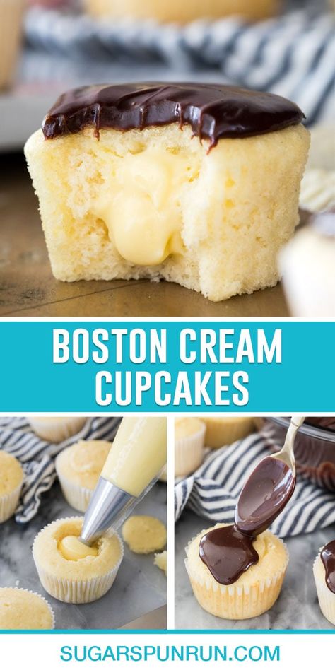 Boston Cream Cupcakes Recipe, Boston Cream Pie Cupcakes, Boston Cream Cupcakes, Cream Pie Cupcakes, Cream Filled Cupcakes, Pie Cupcakes, Impressive Desserts, Cream Cupcakes, Boston Cream Pie