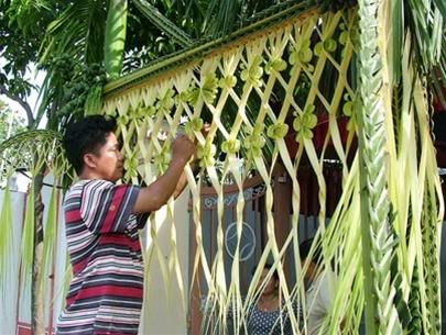 weaved cocoonut leaf Coconut Leaf Decoration Wedding, Palm Leaf Decor Wedding, Coconut Leaves Decoration, Coconut Leaf Decoration, Mexico Wedding Venue, Palm Leaf Art, Coconut Leaves, Wedding Hall Decorations, Marriage Decoration