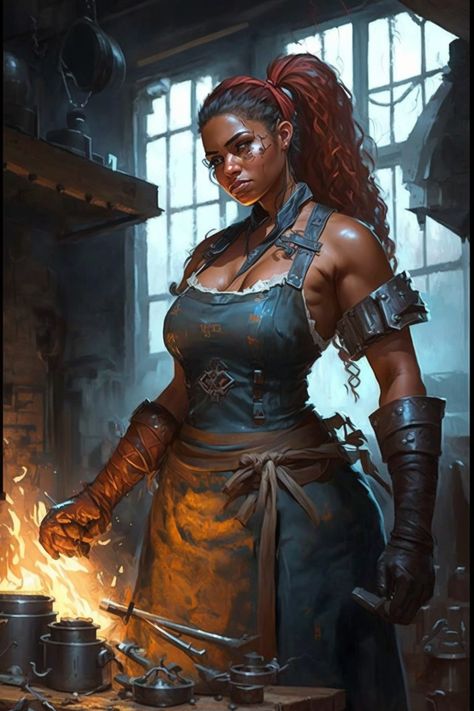 Master Blacksmith Mafera Woman Blacksmith Art, Blacksmith Woman Art, Blacksmith Aesthetic Female, Fire Genasi Blacksmith, Blacksmith Forge Concept Art, Architect Character Design, Fantasy Farmer Art, Bar Maid Dnd, Dnd Blacksmith Shop