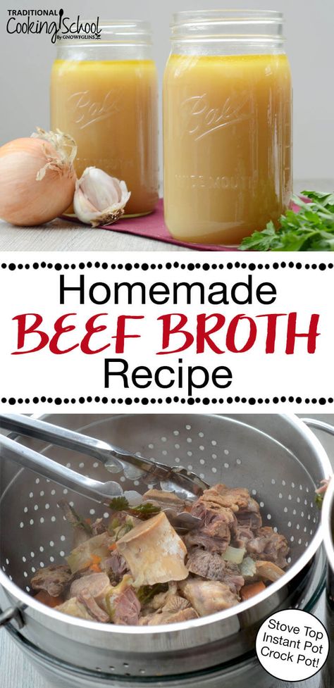 Frugal, deeply flavorful, nutrient-dense... What ticks all of these boxes and more? Homemade bone broth, arguably the most important part of a traditional foods kitchen! Here's everything you need to know about making beef bone broth at home in the slow cooker, Instant Pot, or on the stove top. It's easy and the perfect pantry staple for cozy soup and other comfort food recipes. #recipe #homemade #broth #beefbroth #benefits Beef Broth Recipe, Homemade Beef Broth, Homemade Bone Broth, Perfect Pantry, Bone Broth Recipe, Beef Bone Broth, Beef Bones, Broth Recipes, Homemade Beef