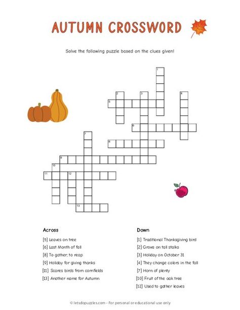 Fall Crossword Puzzles Printable, Fall Crossword, Thanksgiving Crossword Puzzle, Crossword Puzzles For Kids, Thanksgiving Crossword, Free Printable Crossword Puzzles, Autumn Puzzle, Printable Crossword Puzzles, Fall Worksheets