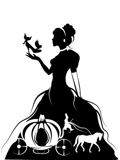 Cinderella stencils will appeal to everyone who loves the famous fairy tale about the hard-working and modest girl who was able to charm a real prince and become a princess. All Cinderella stencils are free to download and print. Disney Silhouette Art, Silhouette Disney, Disney Silhouette, Disney Silhouettes, Princess Silhouette, Disney Images, Disney Fantasy, Princess Art, Silhouette Cameo Projects