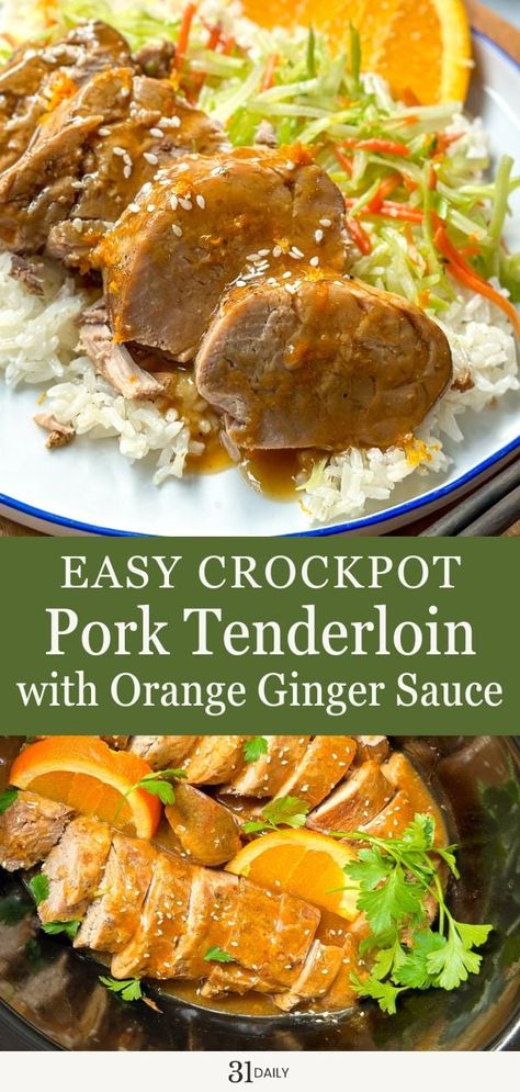 Crock Pot pork tenderloin with a delicious Orange Ginger Sauce takes just minutes to prep. The result? Fall apart tender meat and amazing flavors! Orange Ginger Sauce, Crock Pot Pork Tenderloin, Tenderloin Recipes Crockpot, Teriyaki Pork Tenderloin, Loin Recipes, Crockpot Pork Tenderloin, Crock Pot Pork, Slow Cooker Pork Tenderloin, 31 Daily