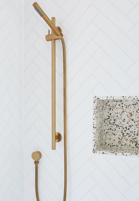 Brass Fittings Bathroom, Shower Nook Ideas, Shower Booth, Shower Nook, Chunky Granola, Granola Easy, White Herringbone Tile, Herringbone Tiles, Terrazzo Bathroom