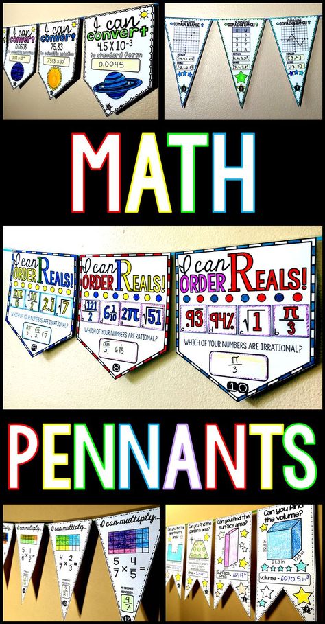 When my students feel good about themselves, they try harder. And when they try harder, they do even better. I really believe that math is all about confidence. Sure there is skill involved, but above all else kids do better when they believe that they can and will do well. In this post I want to highlight math pennants (some free!) covering fractions, algebra, geometry, Pi Day, domain and range, place value, integers, just to name a few! Math Pennants, Junior High Math, Domain And Range, Teaching 6th Grade, Teaching Geometry, Maths Activities Middle School, Math Classroom Decorations, Teaching Algebra, Algebra Activities