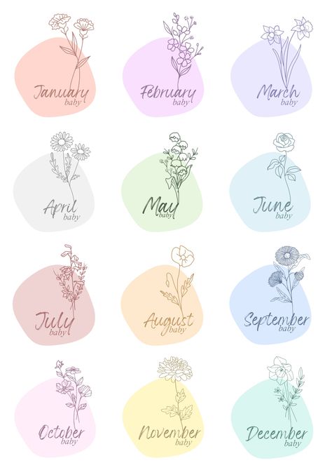 Printable wall art perfect for a Nursery or Kid's room.  Each print incorporates the birth flower and colours for the month of birth. Perfect for gifting to new parents. This is a printable file. You will receive a download link upon purchase which you can then print to your desired size and frame. January - Carnation February -  Violet March - Daffodil April - Daisy May - Lily of the Valley June - Rose July - Larkspur August - Poppy September - Aster October - Marigold November - Chrysanthemum April Symbols Tattoo, Tattoos For November Birth Month, Flowers Based On Birth Month, October And December Flower Tattoo, January And August Flower Tattoo, March Month Tattoo, December And March Birth Flower Tattoo, July And February Flower Tattoo, June And December Flower Tattoo