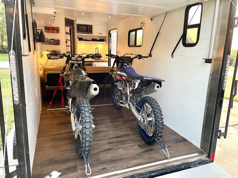 Cargo Trailer Conversion Toy Hauler, Motocross Trailer, Dirt Bike Trailer, Moto Trailer, Converted Cargo Trailer, Trailer Shelving, Motorcycle Cargo Trailer, Motorbike Storage, Cargo Camper