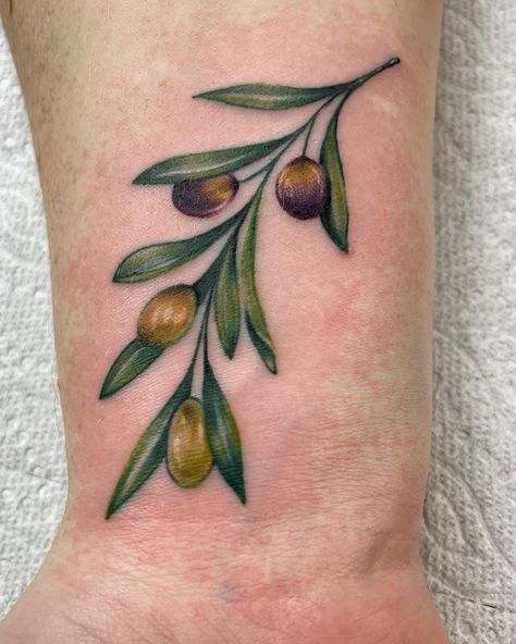 Experience the Mediterranean charm with @kaur_daljeett's realistic olive branch tattoo, laden with plump olives. Each intricately detailed leaf and fruit celebrates the timeless symbol of peace and abundance, beautifully etched in ink. 🫒✨ Laurel Tattoo, Illustrative Tattoos, Olive Tattoo, Olive Branch Tattoo, Mama Tried, Branch Tattoo, Symbol Of Peace, Timeless Symbol, Nature Tattoos