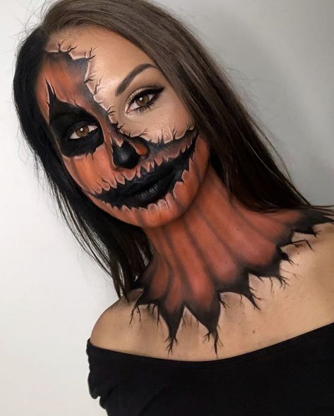 Jack O Lantern Makeup, Scarecrow Halloween Makeup, Halloween Makeup For Kids, Creative Halloween Makeup, Scarecrow Makeup, Pumpkin Scarecrow, Holloween Makeup, Pumpkin Jack O Lantern, Pumpkin Halloween Costume