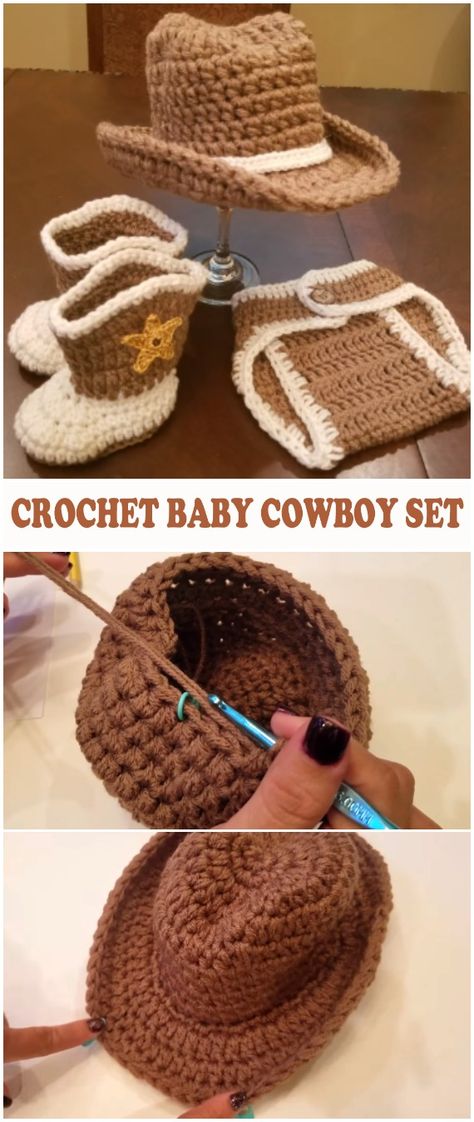 Crochet Baby Cowboy Set - Free Pattern [Video] Baby Cowboy Hat, Crochet Cowboy Hats, Cowboy Crochet, Crochet Baby Mittens, Crochet Baby Photo Prop, Baby Boy Booties, Shoes Crochet, Cowboy Baby, Crochet Baby Boy