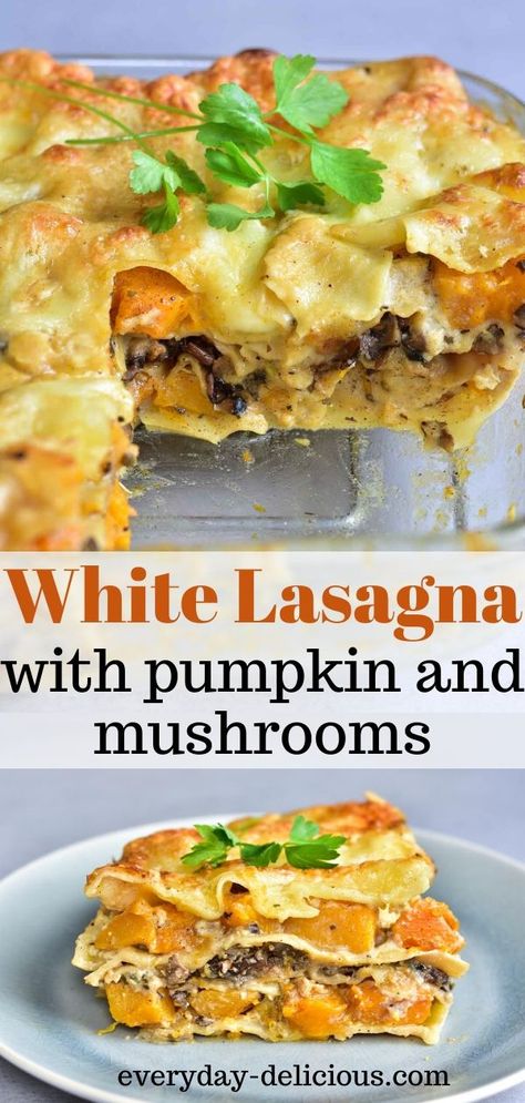 White lasagna with pumpkin/butternut squash, mushrooms, and delicious white bechamel mushroom sauce. Makes a perfect fall dinner. #whitelasagna #pumpkinlasagna #vegetarianlasagna #pumpkin #butternutsquash Pumpkin Bechamel Lasagna, Pumpkin Lasagna Dinner, Pumpkin Lasagna Vegan, Pumpkin Lasagne Recipes, White Lasagne, Veg Casserole, Pumpkin Butternut Squash, Autumn Meals, Pumpkin Mushroom