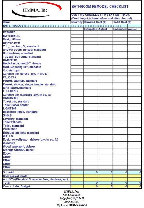 Use this form to help you stay on track. Want an Excel spreadsheet with formulas? Just send us an Email: office@hmmainc.com General Contractor Checklist, Bathroom Checklist, Remodel Checklist, Kitchen Remodel Checklist, Estimate Template, Bathroom Remodel Cost, Free House Plans, General Contracting, Checklist Template