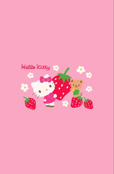 Strawberry Apple Watch Wallpaper, Strawberry Hello Kitty Pfp, Hello Kitty Wallpaper Strawberry, Sanrio Strawberry Wallpaper, Strawberry Hello Kitty Wallpaper, Strawberry Phone Theme, Strawberry Aesthetic Pink, Hello Kitty Apple Watch Face, Hello Kitty Fresa