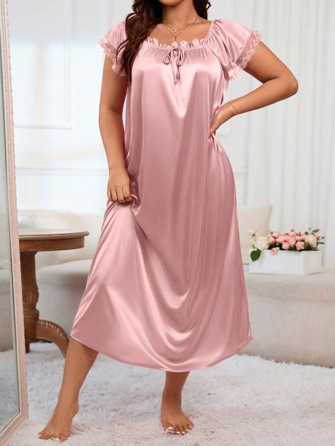 Plus Size Women's Square Neck Pleated Bow NightgownI discovered amazing products on SHEIN.com, come check them out! Long Dress Plus Size, Sleep Dress, Petticoat, Square Neck, Night Dress, Night Gown, Dress P, Plus Size Dresses, Long Dress