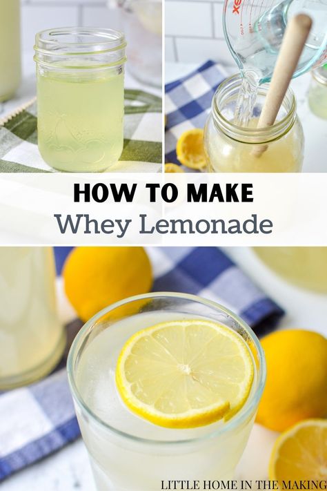 If you have lots of leftover whey, you may be wondering what you can do with it. Make this delicious and simple lacto-fermented whey lemonade recipe. You need just 4 ingredients and it's a refreshing probiotic beverage that the whole family will enjoy. Probiotic Whey Soda, Whey Lemonade Recipe, What To Do With Leftover Whey, Whey Recipes Liquid, What To Do With Whey, Fermenting Crock Recipes, Homemade Whey, Fermented Lemonade, Probiotic Lemonade