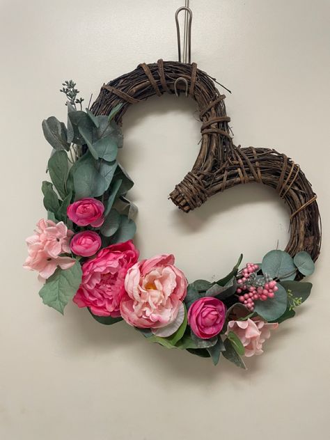 Grapevine Heart Wreath, Heart Shaped Wreath, Heart Shaped Wreaths, Peonies And Hydrangeas, Silk Arrangements, Grapevine Wreaths, Heart Wreath, Pink Decor, Wreath Ideas