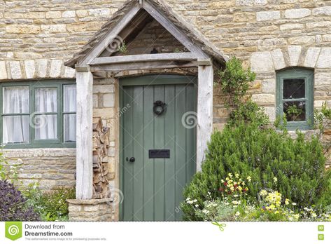 Old Stone Cottage, Green Doors, Cottage Front Doors, Porch Canopy, Green Front Doors, Doors Wooden, Cute Cottage, Old Cottage, Green Door