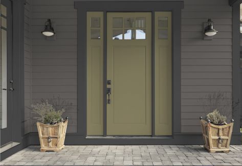 gropius gray black licorice chocolate velvet | Hirshfield's Grey House White Trim, House Doors Colors, Dark Exterior House, Brown House Exterior, Dark Grey Houses, Exterior Door Colors, Green Front Doors, Haint Blue, Dark Trim