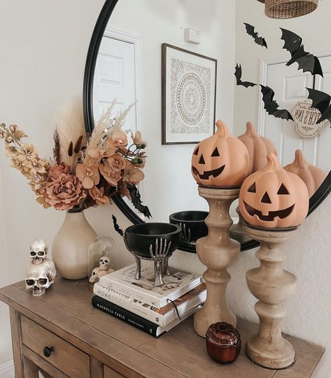 Console Table Halloween Decor, Entry Table Decor Farmhouse, Halloween Entry Table Decor, Black Fall Decor, Halloween Entry Table, Farmhouse Halloween Decor, Michaels Halloween, Vintage Fall Decor, Cheap Halloween Decorations