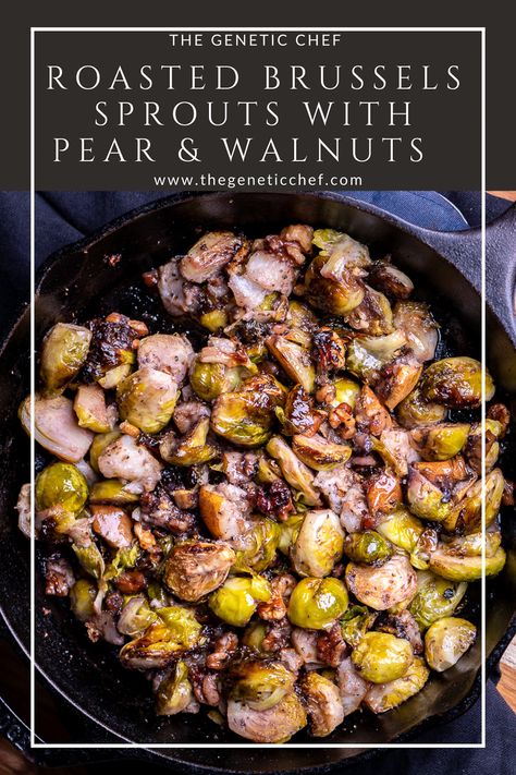 Roasted Brussels sprouts with pear and walnuts make a delicious combination of bitter, sweet and crunchy all in one dish. It’s the perfect side for any meal and can be enjoyed at any time of the year. #brusselssprouts #roastedbrusselssprouts #healthysides #vegetables | @thegeneticchef Roasted Brussels Sprouts And Pears, Brussel Sprouts And Pears, Roasted Brussels Sprouts With Pears, Roasted Brussels Sprouts And Pears Recipe, Roasted Brussel Sprouts With Pears, Healthy Brussel Sprouts, Pan Fried Brussel Sprouts, Balsamic Brussel Sprouts, Parsnip Recipes