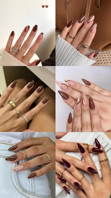 Brown Fall Almond Nails Design, Cute Nails Brown, Nails Coffin Fall, Brown Nails Almond, Nails Almond Fall, Fall Nails Coffin, Almond Fall Nails, Nails Jewellery, Coffin Fall Nails