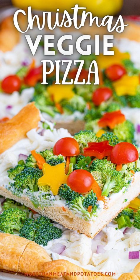 Slice of veggie pizza on a spatula. Holiday Veggie Pizza, Christmas Vegetable Pizza, Christmas Wreath Veggie Pizza, Veggie Crescent Pizza, Cresent Roll Veggie Pizza Recipes, Veggie Tree Christmas, Crescent Roll Veggie Pizza Cream Cheeses, Cold Veggie Pizza With Cream Cheese, Christmas Appetizers Vegetarian